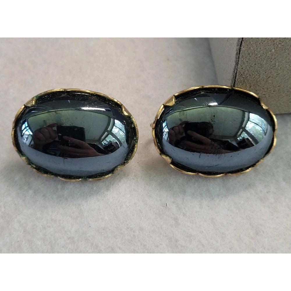 Vintage Black Glass Clip On Earrings Art Deco Revival Gold Tone Statement